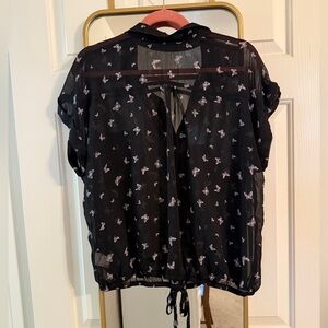Black Sheer Butterfly Print Women's Top